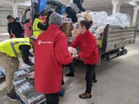 Save the Children is sending essential food deliveries from Romania, over the border into Ukraine to be distributed by partners in the country. The essential items will be delivered to Internally Displaced persons who are mainly women and children. Save the Children staff prepared the deliveries and packed them into vehicles for transport.